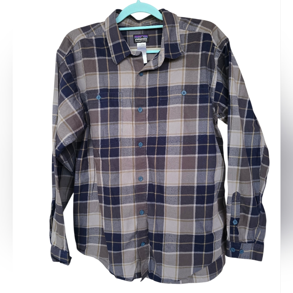 Patagonia Men's Large‎ Blue Plaid Button Down Shirt Organic Pima Cotton